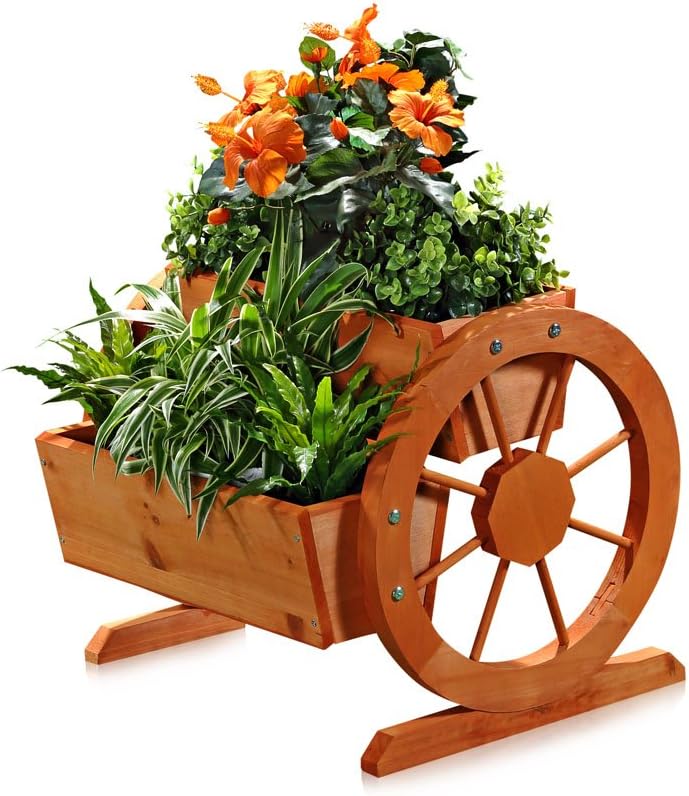 Melko Wagenrad Pflanzkübel aus Holz 44 x 42 x 40 cm – schöner Deko-Pflanzkübel mit grossen Wagenräde