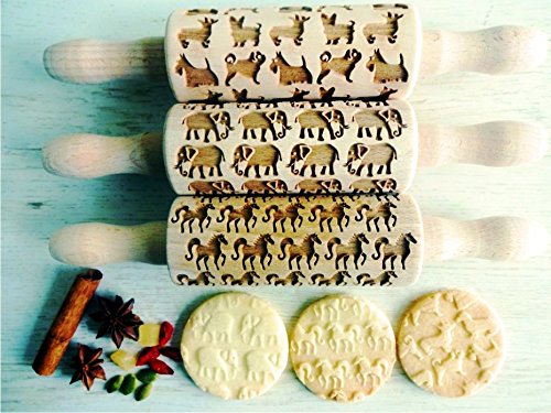 3-er SET Kinder Nudelhölzer TIERE. Teigrolle für hausgemachtes Gebäck. Tiere Teigrolle. Gravierte Te