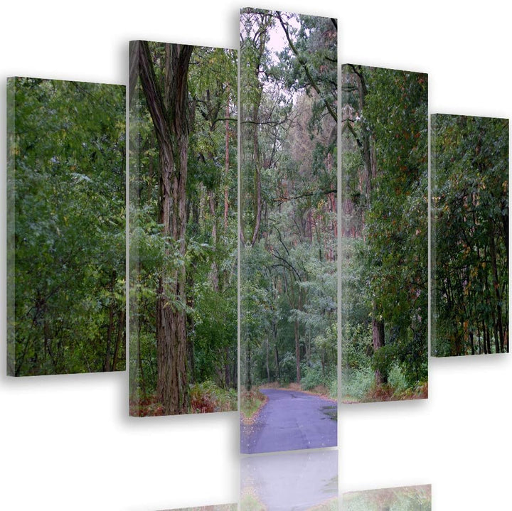 Feeby Bild auf Leinwand Landschaft 5 Teilig Modern Natur Weg Wald Bäume grün 200x100 cm Leinwandbild