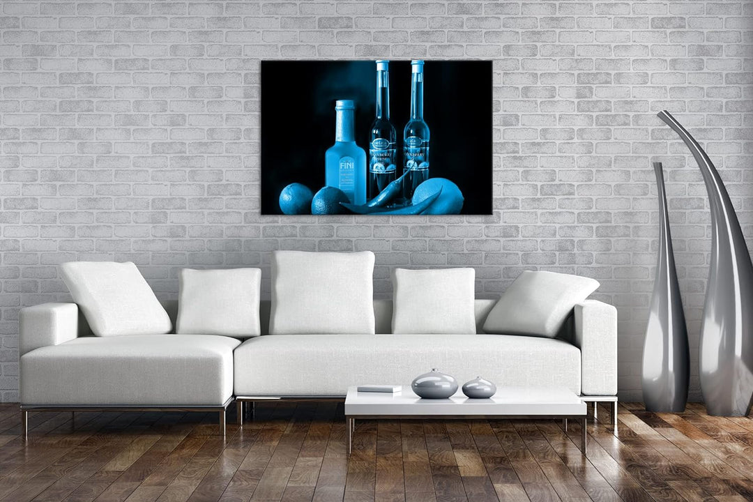 deyoli Dark bunte Lebensmittel mit Essig Format 80x60 Effekt: Monocrome Blau als Leinwandbild, Motiv