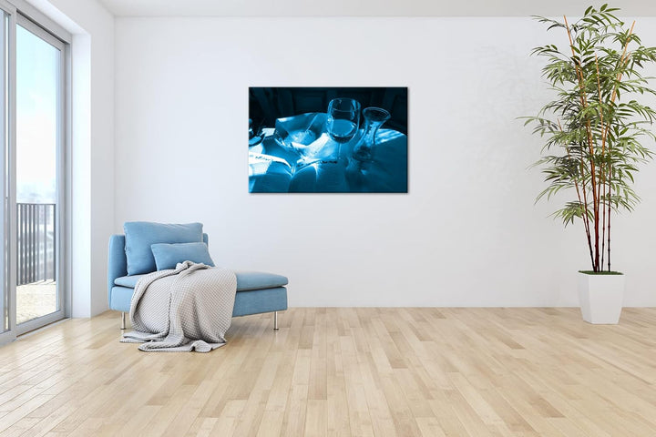 deyoli Brot und Wein Format 100x70 Effekt: Monocrome Blau als Leinwandbild, Motiv fertig gerahmt auf