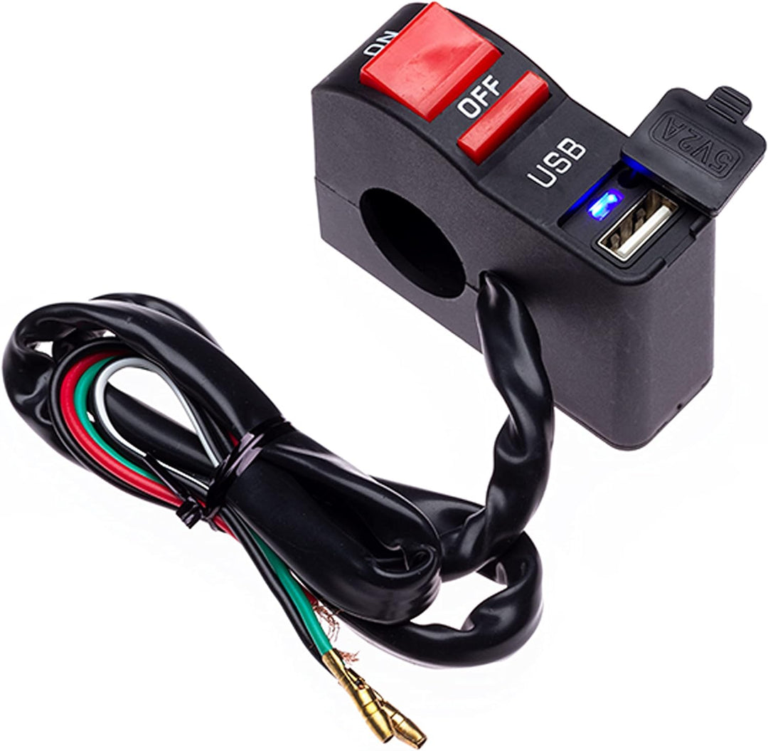 Motorrad Ein-/Aus-Schalter mit USB-Ladeanschluss, Buchse für Handy, Navi, GPS, passend für 22 mm Len