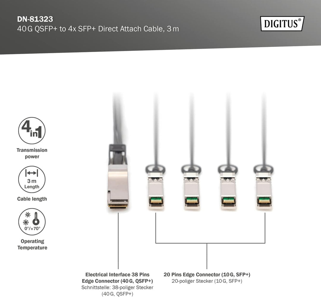 DIGITUS 40G QSFP+ to 4XSFP+ Direct Attach Cable 3m
