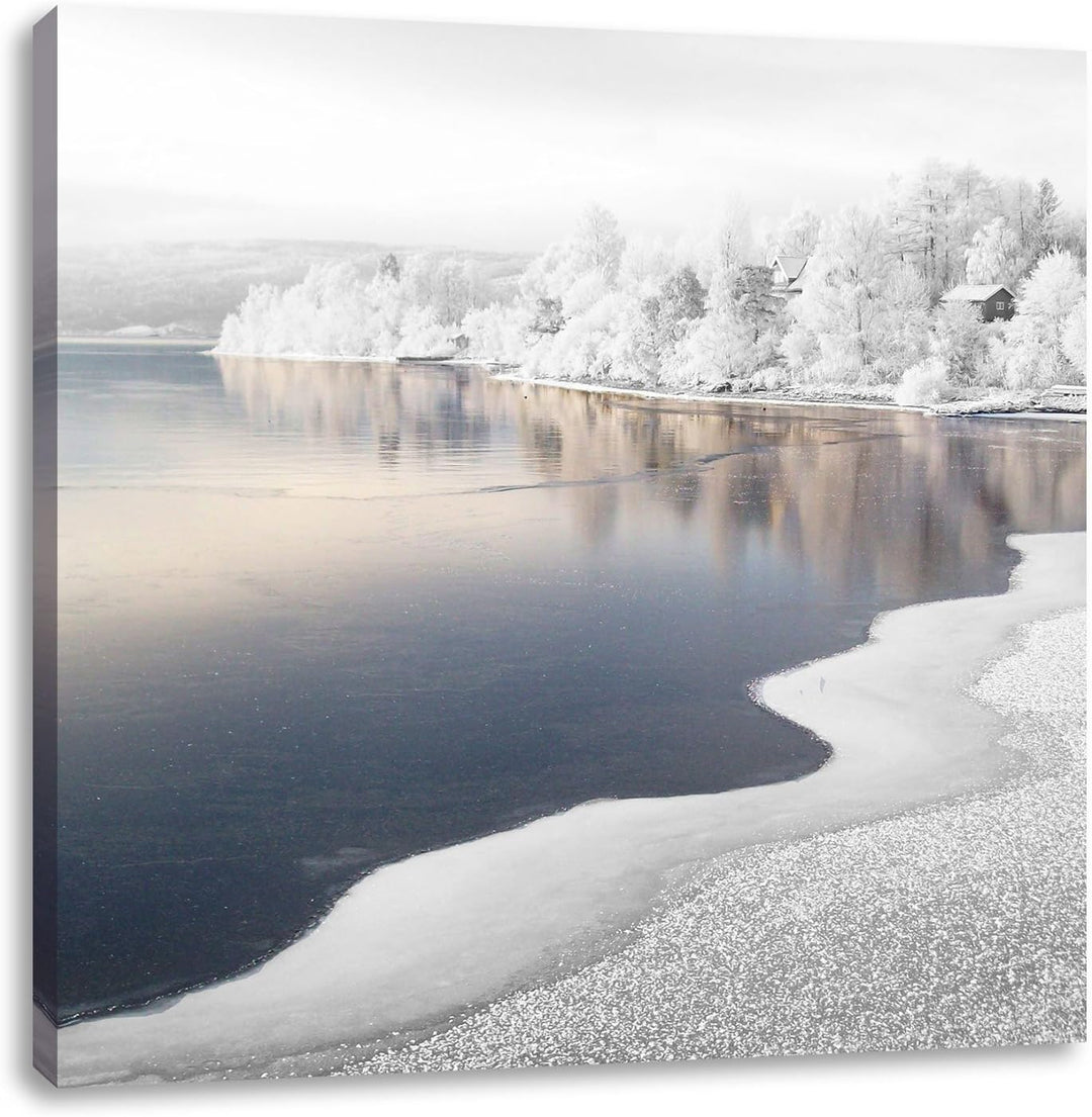 Pixxprint Traumhafte Winterlandschaft Wald Schnee schwarz/weiss, Format: 70x70 auf Leinwand, 70x70