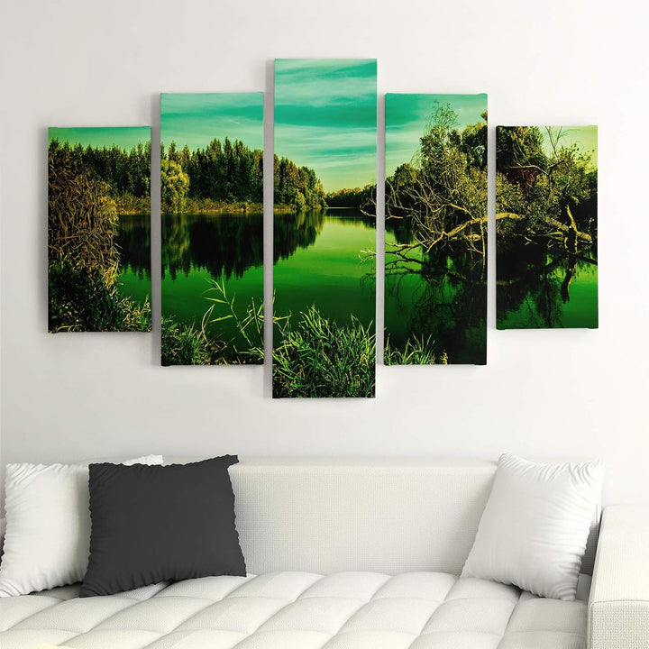Wandbild Natur 250x120 cm Deco Panel 5 Teilig XXL Kunstdruck See Wald grün Deco Panel XXL 250x120 cm