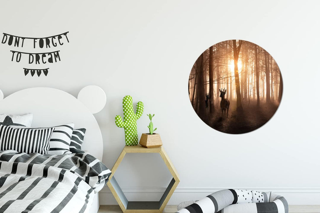 MuchoWow Wandbild Rund Wanddeko Deko Wohnzimmer Bilder 60x60 cm Wald - Hirsche - Sonne - Bäume - Win