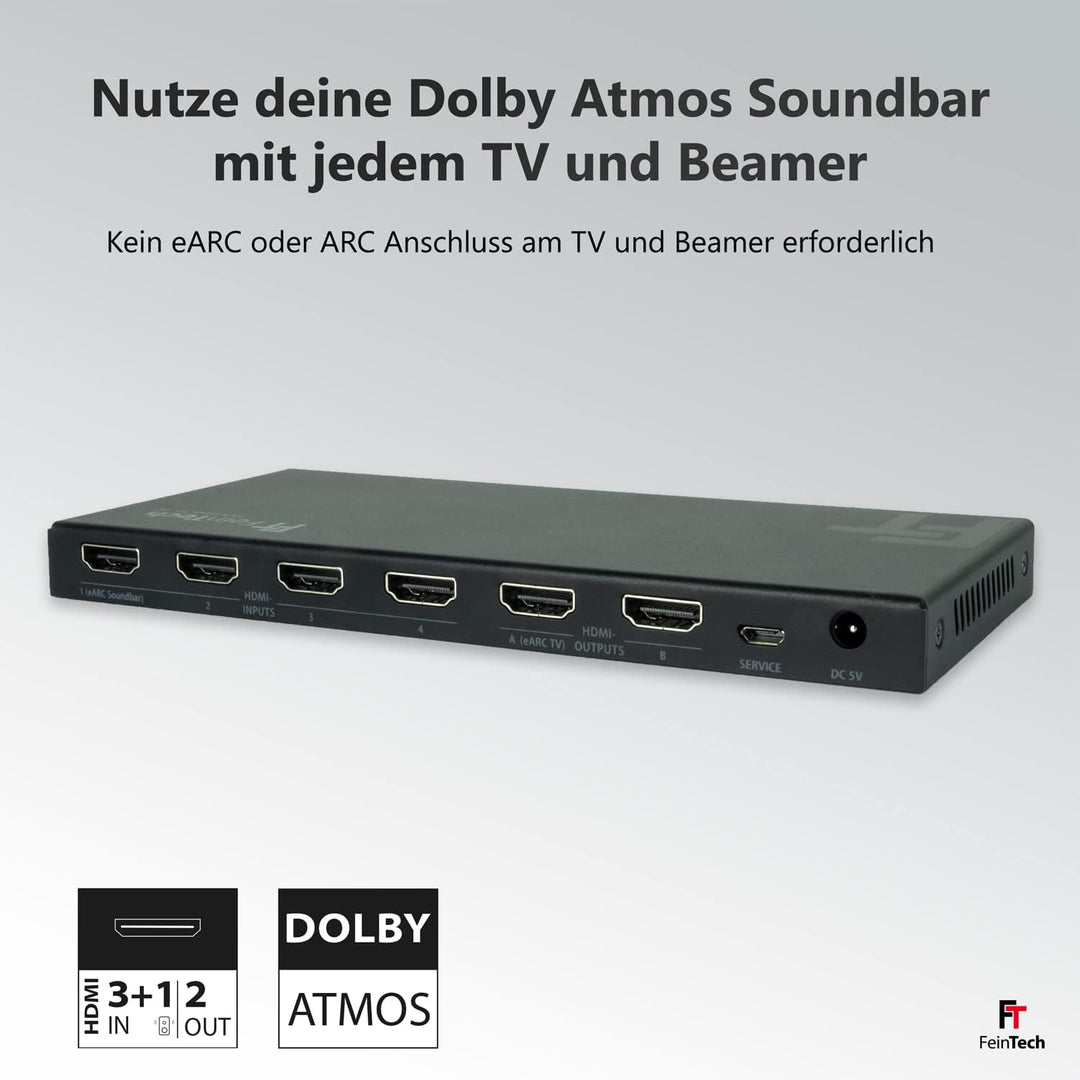 FeinTech VAX04201 HDMI eARC Pass Matrix Switch 4x2 für Soundbar und 2 Displays 4K 60Hz Dolby Vision
