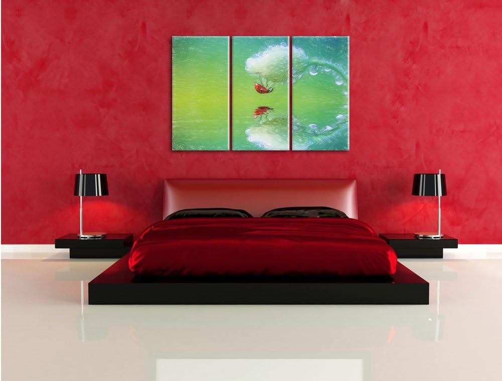 Pixxprint Roter Marienkäfer hängt kopfüber an Einer Mohnblume Kunst Buntstift Effekt 3-Teiler Leinwa