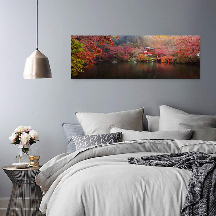 Feeby. Leinwandbild, Bilder, Wand Bild, Wandbilder, Kunstdruck 90x30 cm, JAPAN, PARK, SEE, ROT, 90x3