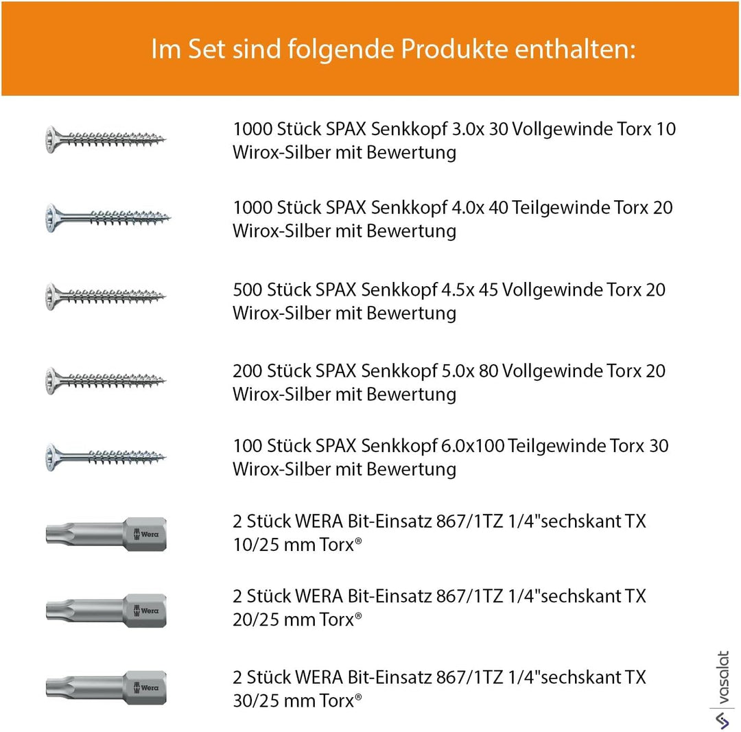 Spax Holzschrauben-SET Voll/Teilgewinde + Torx Bit | 5 Grössen: 3x30; 4x40; 4,5x45; 5x80; 6x100 | WI