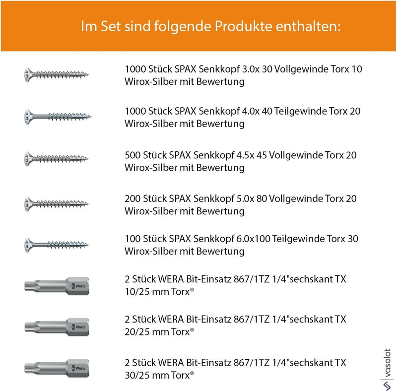 Spax Holzschrauben-SET Voll/Teilgewinde + Torx Bit | 5 Grössen: 3x30; 4x40; 4,5x45; 5x80; 6x100 | WI