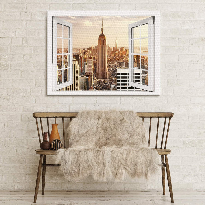 PICANOVA – Bild auf Leinwand Manhattan Empire State Building Fenster 100x75cm – Leinwandbild – Premi