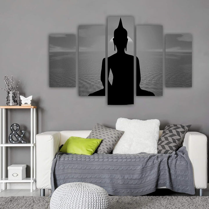 Feeby Wandbild Buddha 300x140 cm Deco Panel 5 Teilig XXL Kunstdruck modern Meer schwarz Deco panel X