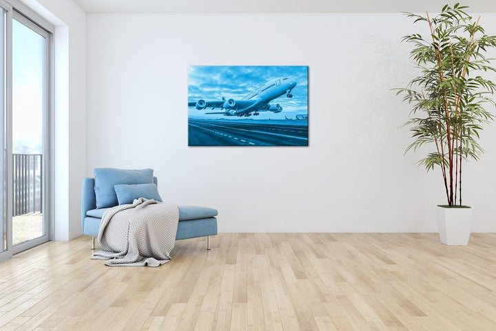 deyoli Flugzeug bei Sonnenuntergang Format: 80x60 cm Effekt: Monocrome Blau als Leinwandbild, Motiv