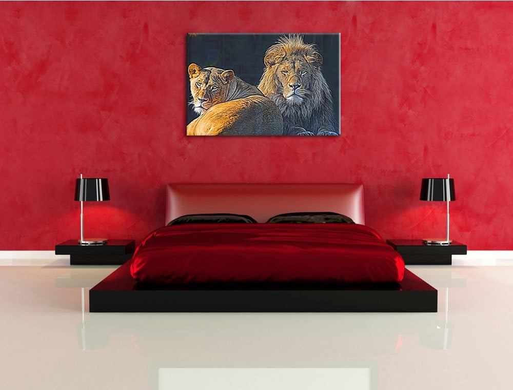 schönes Löwenpaar Deluxe Format: 100x70 cm auf Leinwand, XXL riesige Bilder fertig gerahmt mit Keilr