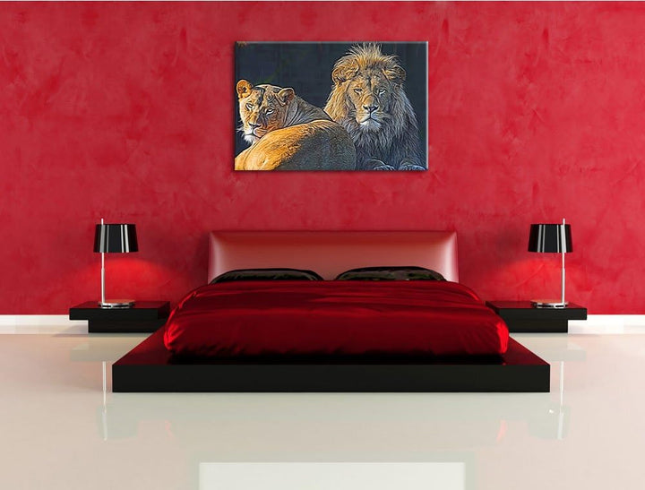 schönes Löwenpaar Deluxe Format: 100x70 cm auf Leinwand, XXL riesige Bilder fertig gerahmt mit Keilr
