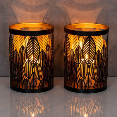 2er Set Windlicht 13x18cm Schwarz Gold Metall Teelichthalter Blattdekor Blumendekor Tischdeko Indust