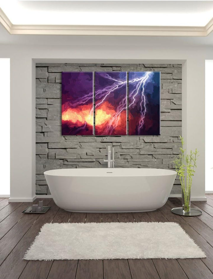 Pixxprint Blitze am Himmel Pinsel Effekt 3-Teiler Leinwandbild 120x80 Bild auf Leinwand