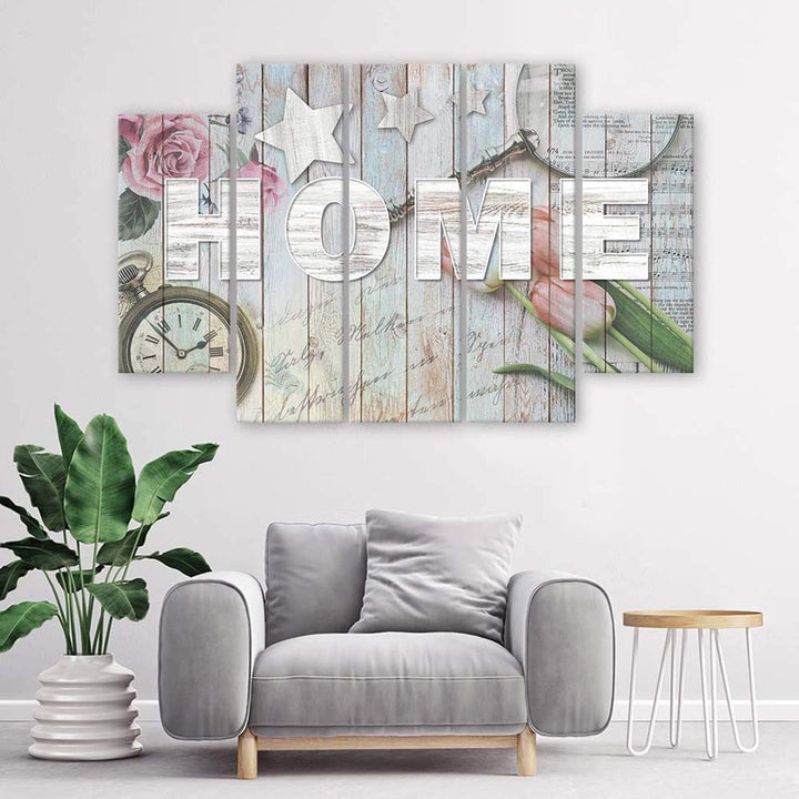 Feeby Wanddeko 5 Teile Haus 150x100 cm Bilder modern Rosen Tulpen Blumen Küche Beige Deko Paneel 150