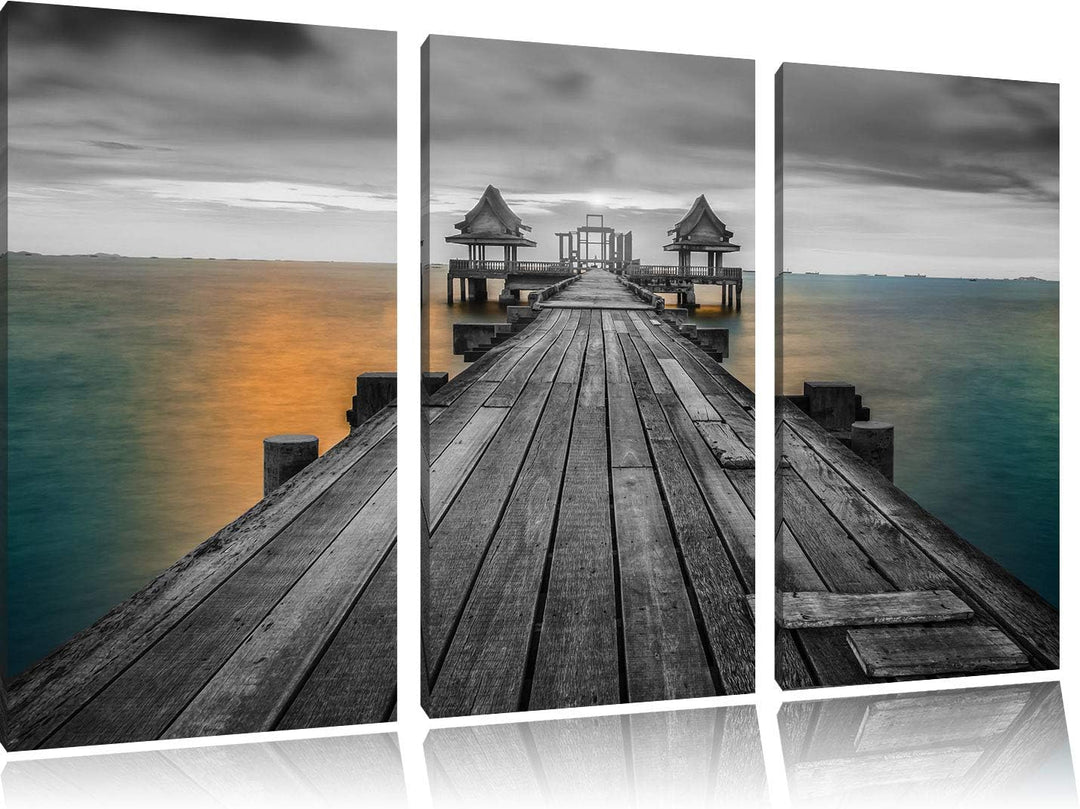 Pixxprint Bootssteg beim Sonnenuntergang als Leinwandbild | Grösse: 3 Teilig (120x80) | Wandbild| Ku