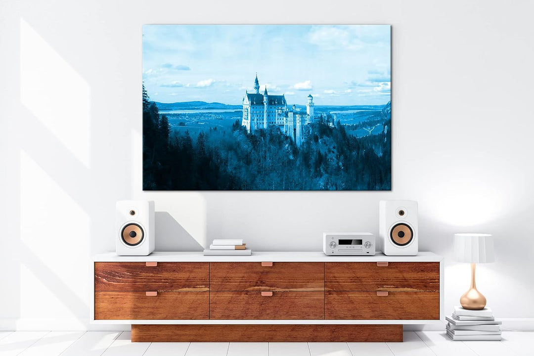 deyoli Burg Neuschwanstein Format 80x60 Effekt: Monocrome Blau als Leinwandbild, Motiv fertig gerahm