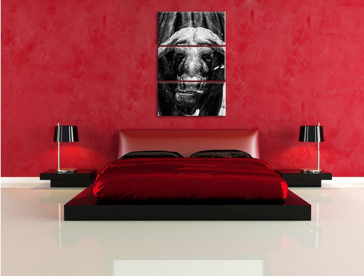 Pixxprint Wasserbüffel Schwarz/weiss 3-Teiler Leinwandbild 120x80 Bild auf Leinwand