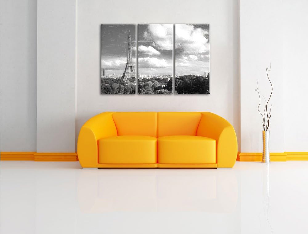 Pixxprint Riesiger Eiffelturm in Paris Kohle Zeichnung Effekt 3-Teiler Leinwandbild 120x80 Bild auf
