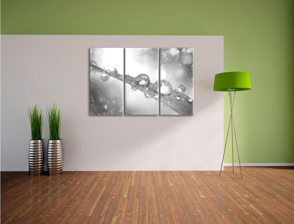 Pixxprint Wassertropfen auf Grashalm Kunst Kohle Effekt 3-Teiler Leinwandbild 120x80 Bild auf Leinwa
