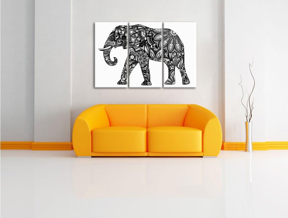 Pixxprint Elefant mit Ornamenten als Leinwandbild | Grösse: 3 Teilig (120x80) | Wandbild| Kunstdruck