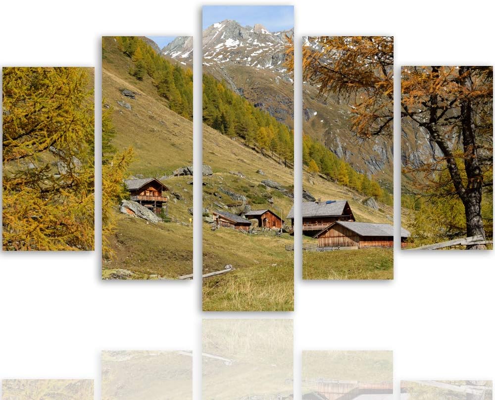 Feeby Wanddeko XXL Landschaft Leinwandbild 5 Teilig Bergdorf Bäume Natur bunt 250x120 cm Leinwandbil