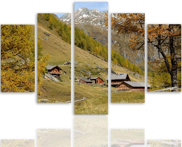 Feeby Wanddeko XXL Landschaft Leinwandbild 5 Teilig Bergdorf Bäume Natur bunt 250x120 cm Leinwandbil