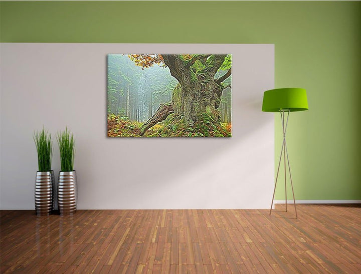 Dicker Baum im Wald im Moos Deluxe Format: 100x70 cm auf Leinwand, XXL riesige Bilder fertig gerahmt
