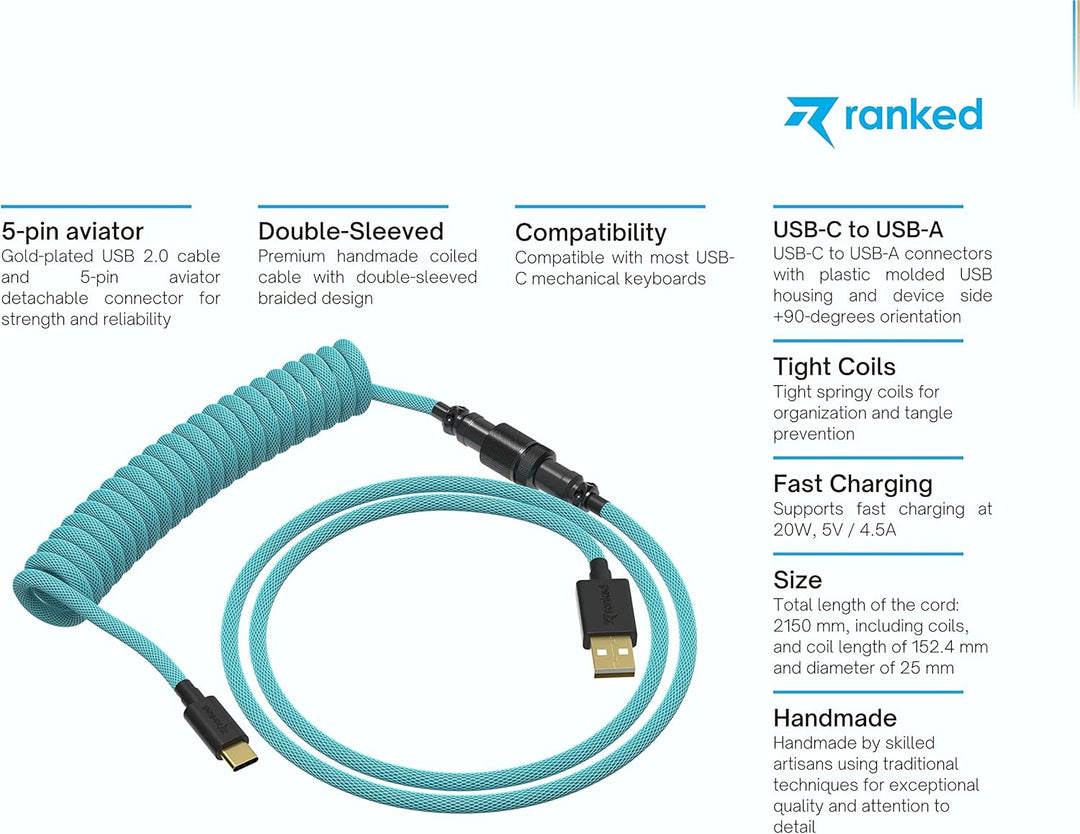Ranked Coiled Cable | Handgefertigtes Double-Sleeved Geflochtenes Kabel | USB Typ C auf A | 5-Pin Av