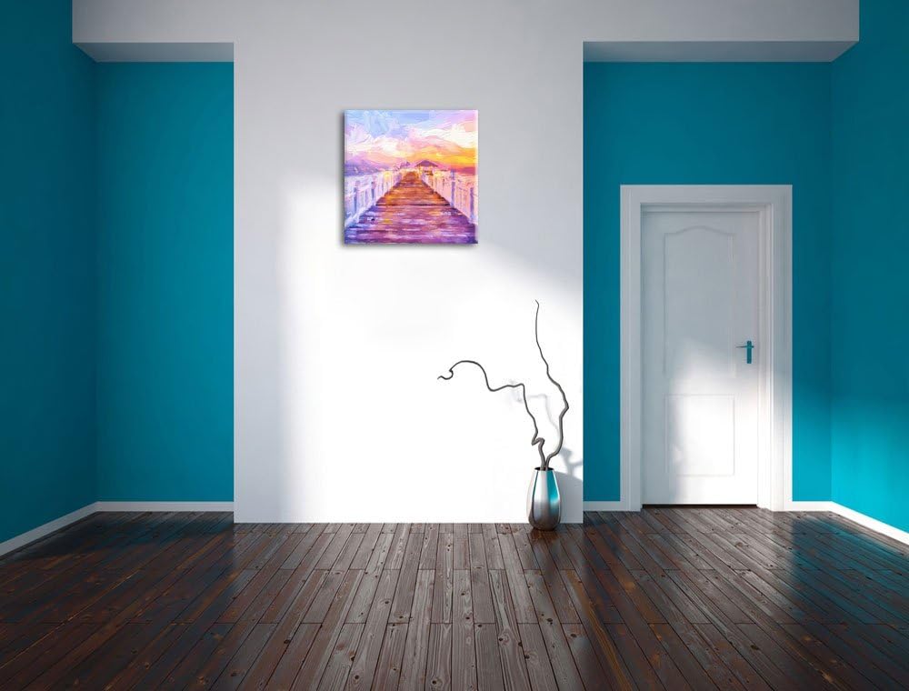 Pixxprint Steg ins Meer bei Sonnenuntergang Pinsel Effekt, Format: 70x70 auf Leinwand, 70x70