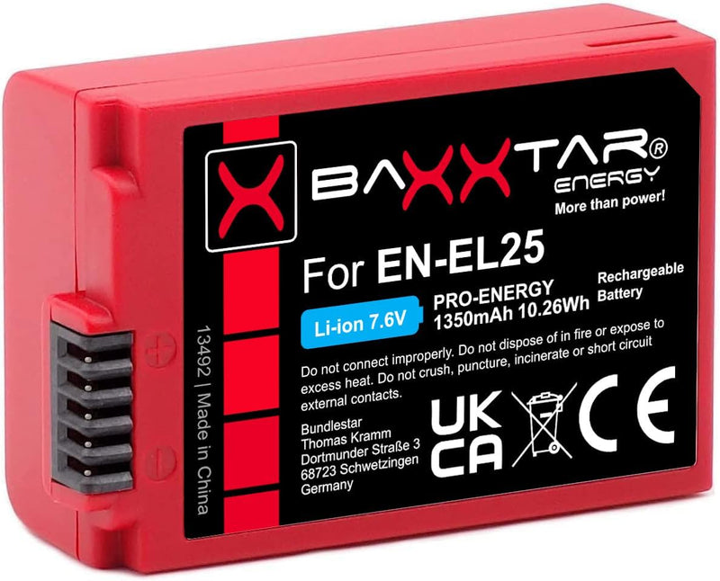 Baxxtar Pro EN-EL25 Kamera-Akku (1350mAh) mit aktivem NTC-Sensor - Kompatibel mit Nikon Z30 Z50 Z-fc