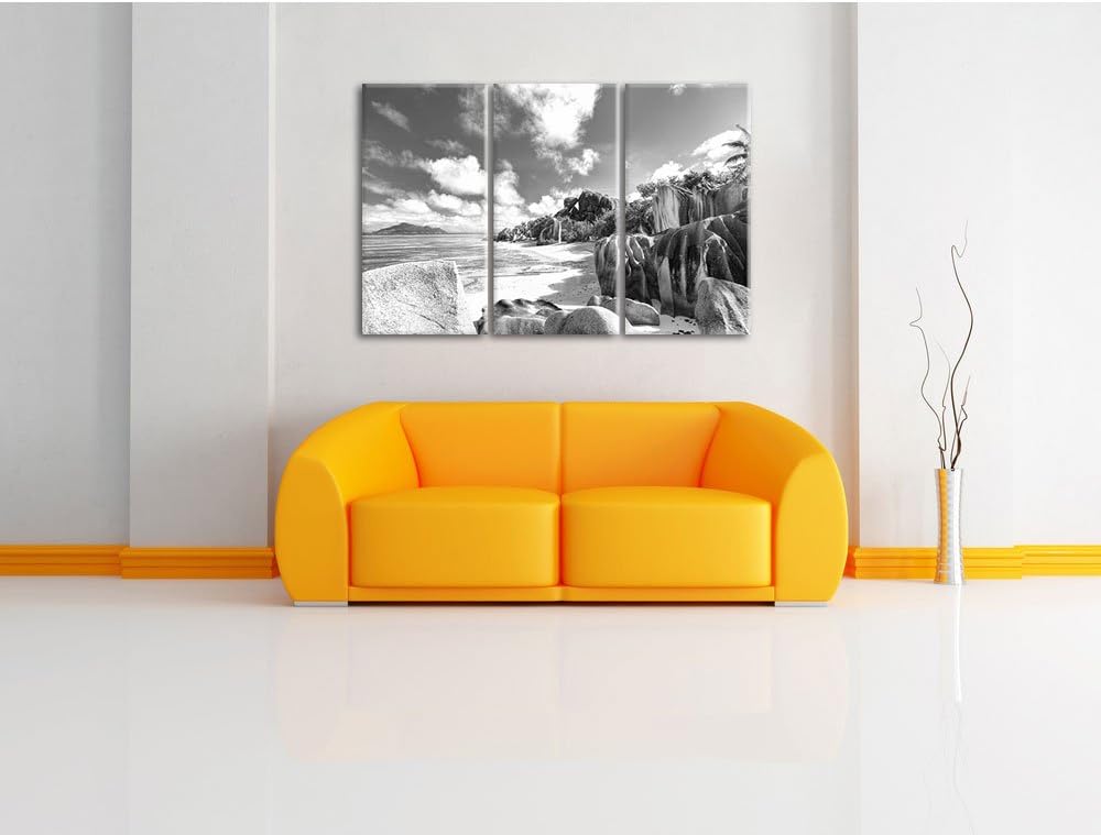 Pixxprint Seychellen Strand Kunst B&W 3-Teiler Leinwandbild 120x80 Bild auf Leinwand, riesige Bilder
