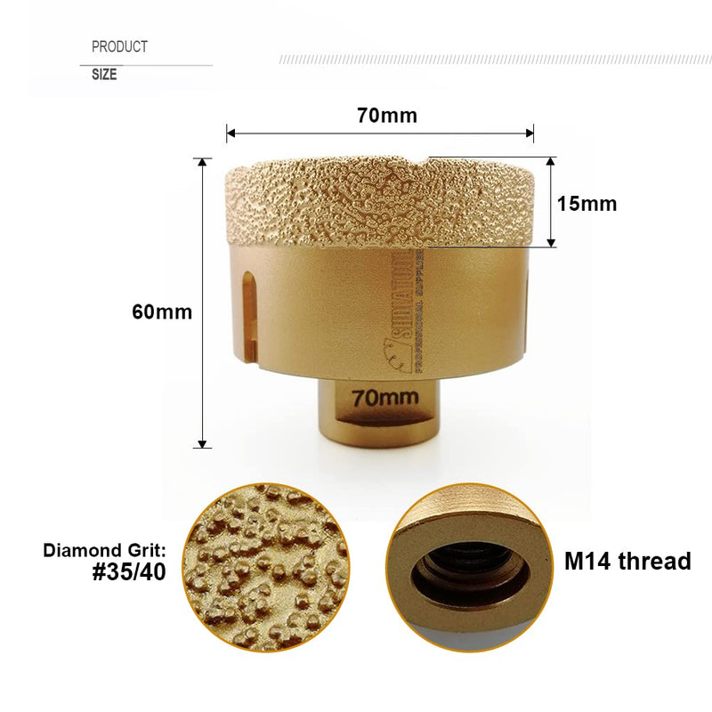 SHDIATOOL Diamantbohrer, 70 mm, Vakuum-geschweisst und Bohrkronen mit M14-Gewinde für Trockenbohren