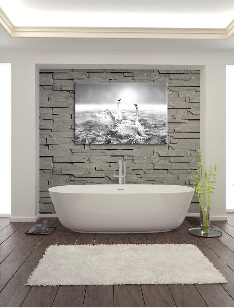 Pixxprint anmutige Schwäne Spritzen in den Wellen des Meeres Kunst B&W, Format: 100x70 auf Leinwand,