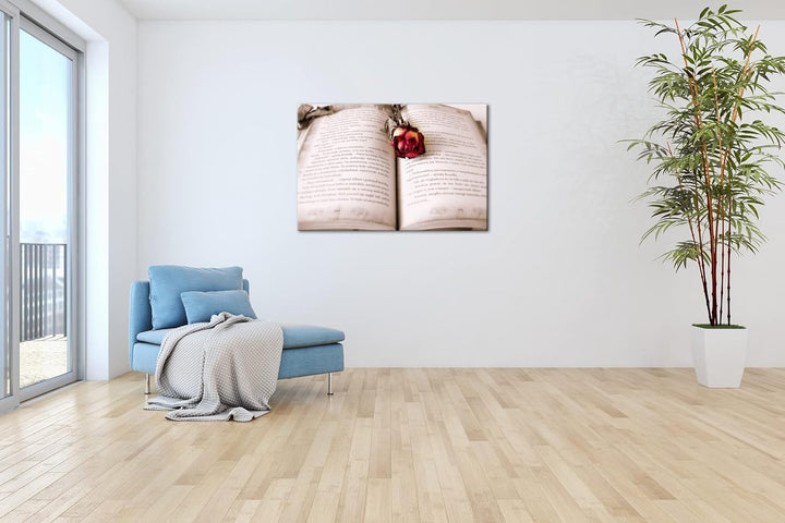 deyoli altes Buch mit roter Rose im Format: 80x60 als Leinwandbild, Motiv fertig gerahmt auf Echthol