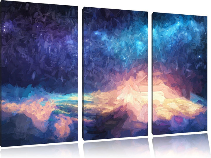 Pixxprint der Mann auf dem Berg mit dem Blick auf die Welt Kunst Pinsel Effekt 3-Teiler Leinwandbild