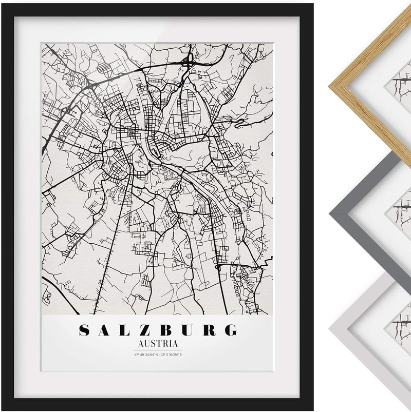 Bild mit Rahmen - Stadtplan Salzburg - Klassik - Rahmenfarbe Schwarz, 55 x 40 cm 55cm x 40cm Schwarz