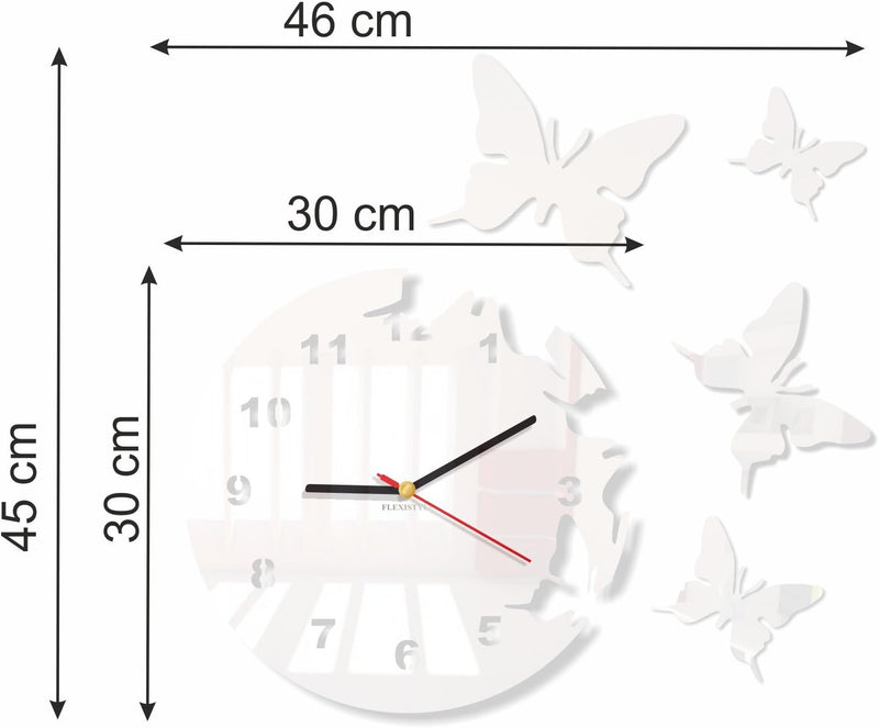 Grosse moderne Wanduhr Schmetterling Weiss rund 30cm, 3d DIY, Wohnzimmer, Schlafzimmer, Kinderzimmer