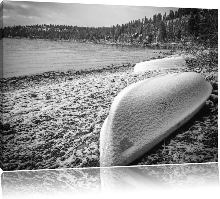 Boote im Winter am See schwarz/weiss Format: 100x70 auf Leinwand, XXL riesige Bilder fertig gerahmt