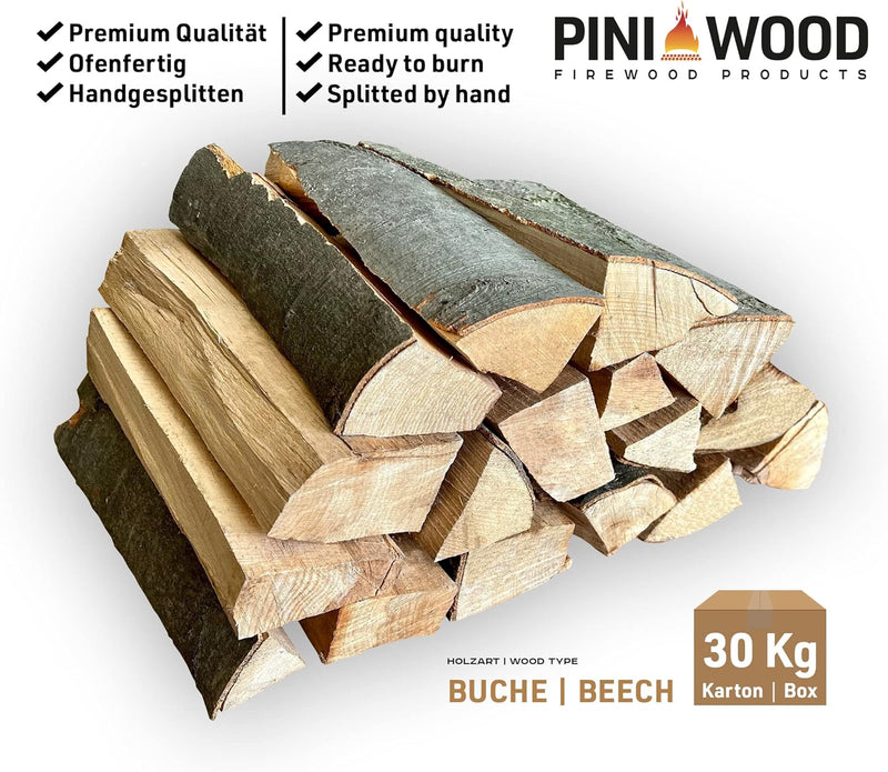 PINI Brennholz ofenfertig Buche 30 Kg ca. 25 cm für Kamin Grill Feuerschale Pizzaofen Smoker