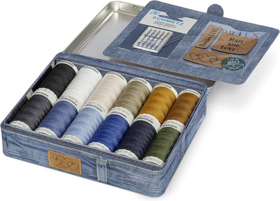 Gütermann Creativ Denim-Box mit 12 Spulen Profi-Jeansfaden Denim 100 m, 5 Jeans-Nähmaschinennadeln v
