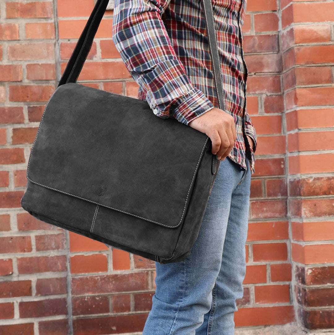SID & VAIN Laptoptasche Messenger Bag SPENCER aus Büffel-Leder I Business-Tasche XL gross für Herren