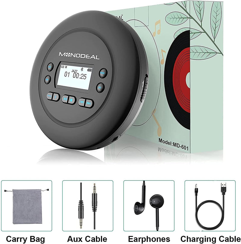 MONODEAL Tragbarer CD Player Bluetooth, Wiederaufladbar Discman für Auto und Kinder, Anti-Skip, klei