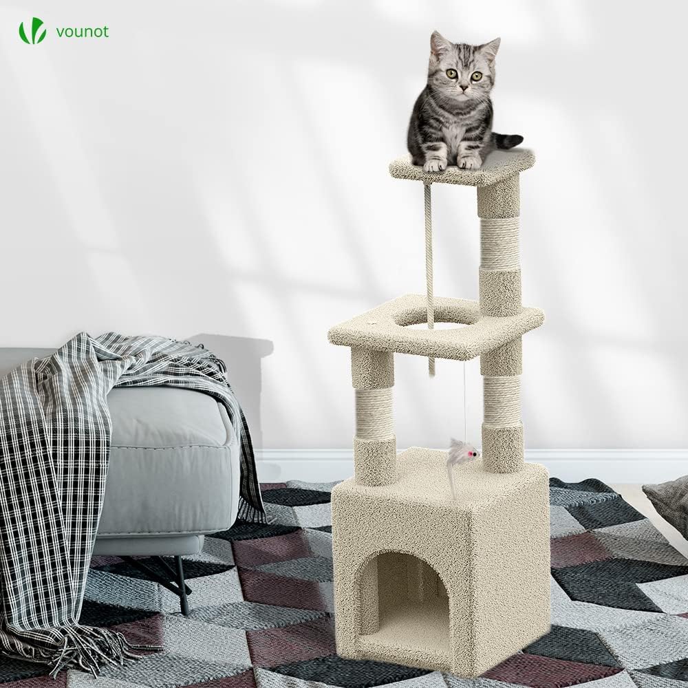 VOUNOT Kratzbaum Klein, Katzenbaum für Katzen, Stabil Katzenkratzbaum mit Plattform, Höhle, Sisal-St