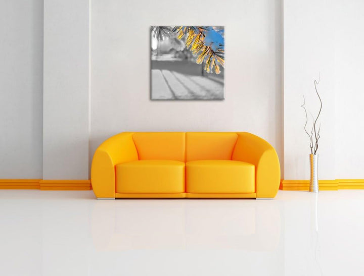 Pixxprint Tannenzweig im Winter als Leinwandbild/Grösse: 70x70 cm/Wandbild/Kunstdruck/fertig bespann