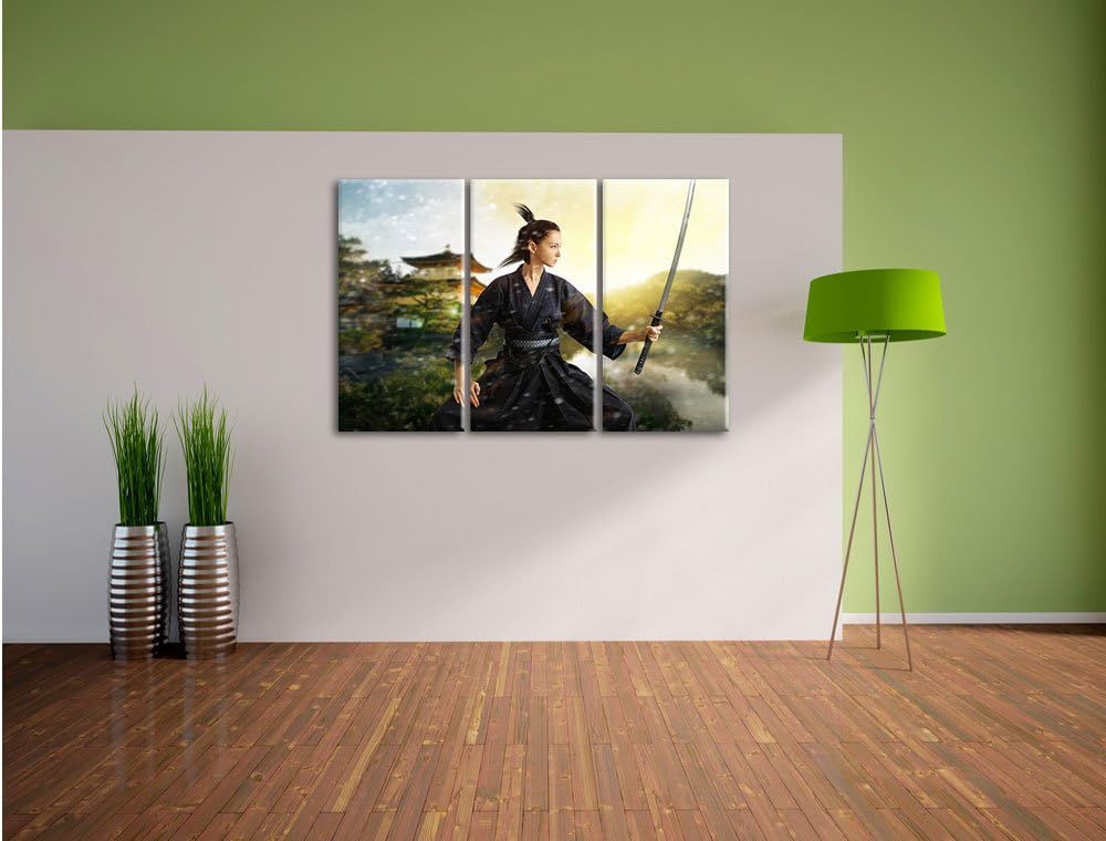 Pixxprint Samurai-Kriegerin Schnee / 3-Teilig/Gesamtmass 120cm Leinwandbild bespannt auf Holzrahmen/